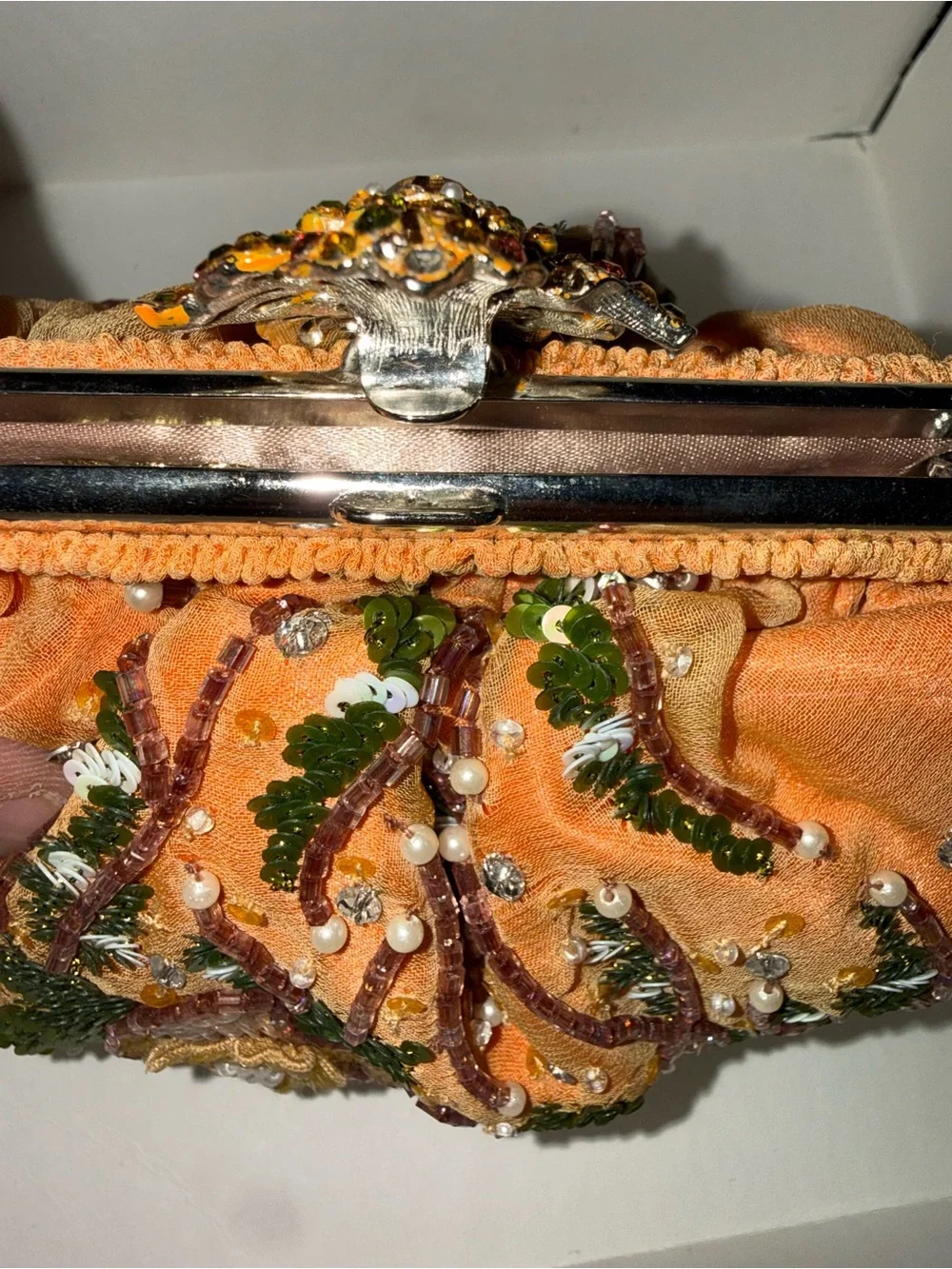 Embellished Peach Evening Clutch with Crystal Floral Clasp Larisa Barrera
